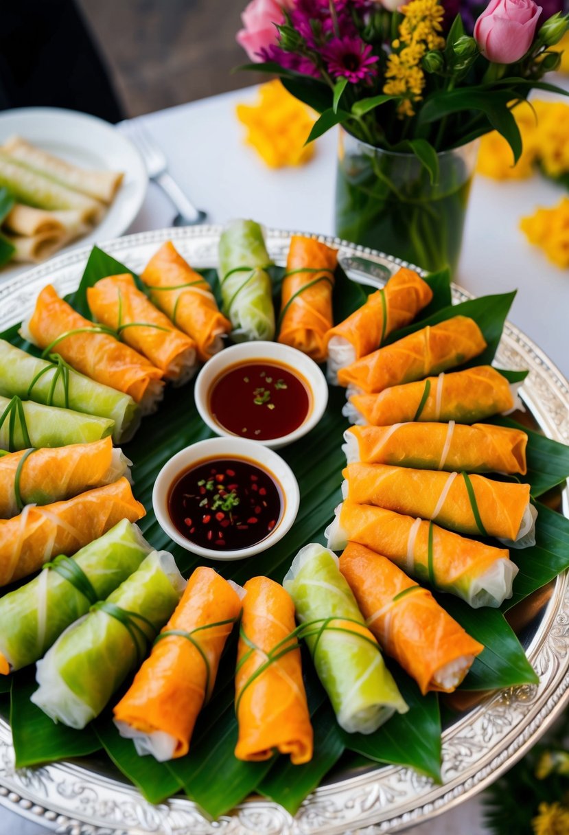 A platter of vibrant Vietnamese fresh spring rolls arranged with dipping sauces on a decorative serving tray for a wedding shower hors d'oeuvres display