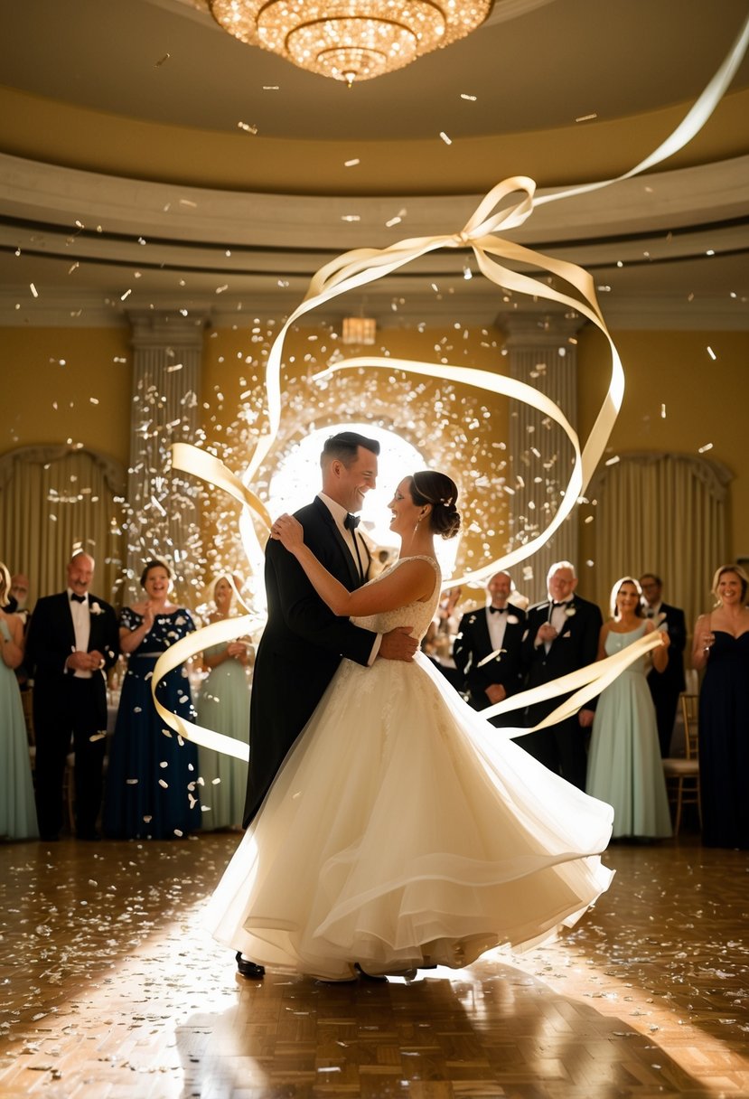 A couple gracefully waltzing in a sunlit ballroom, surrounded by twirling ribbons and shimmering confetti