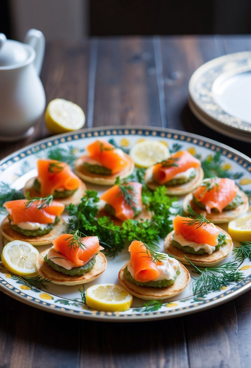 A platter of mini-blinis topped with smoked salmon, surrounded by fresh dill and lemon slices, set on a decorative serving tray