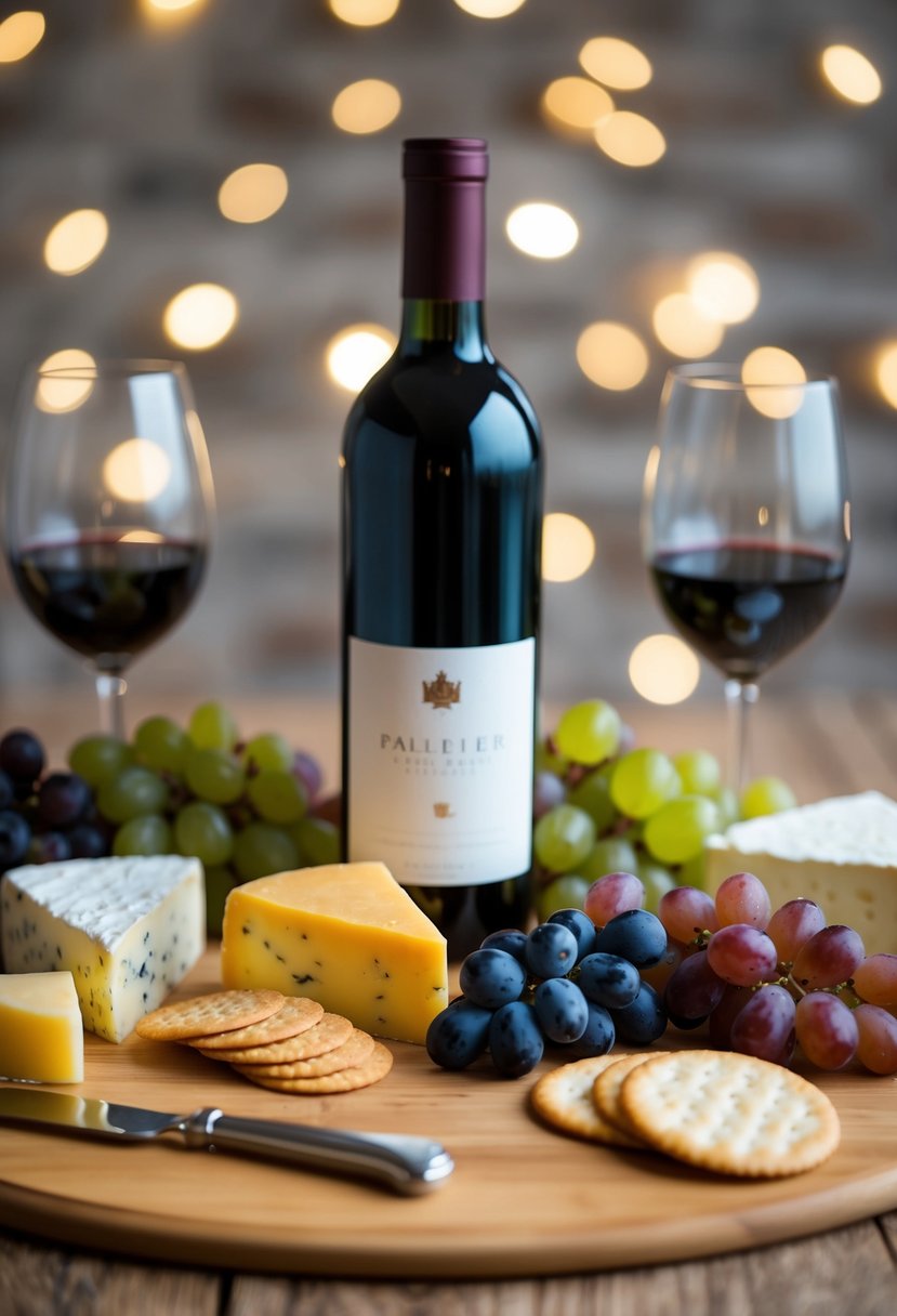 A table set with a variety of cheeses, crackers, and grapes, accompanied by a bottle of wine and two glasses