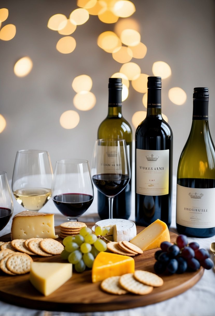 A table set with an assortment of cheeses, crackers, and grapes, accompanied by several bottles of wine and wine glasses