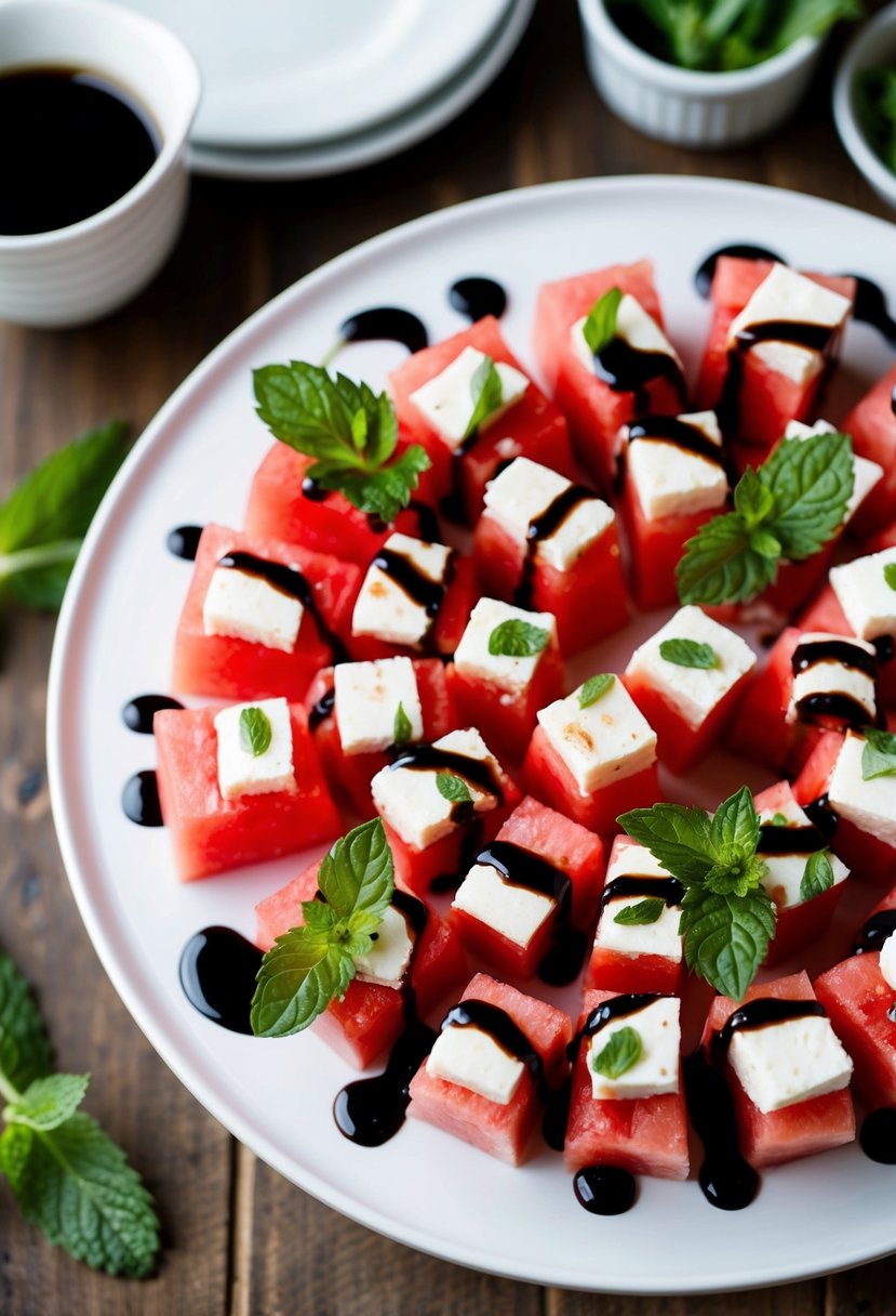 A platter of watermelon and feta bites arranged on a white serving dish, garnished with fresh mint leaves and drizzled with balsamic glaze