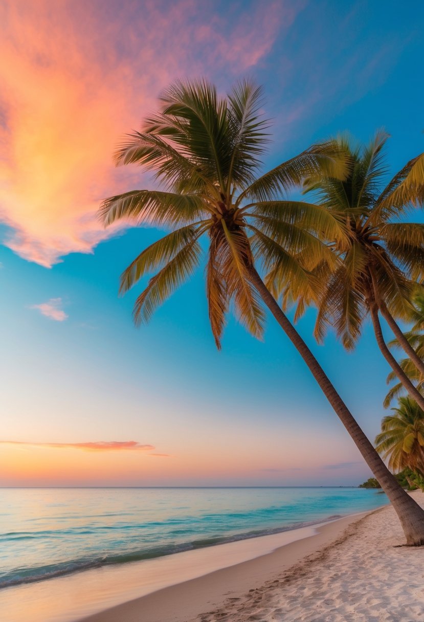 A serene beach at sunset, with palm trees, crystal clear water, and a colorful sky