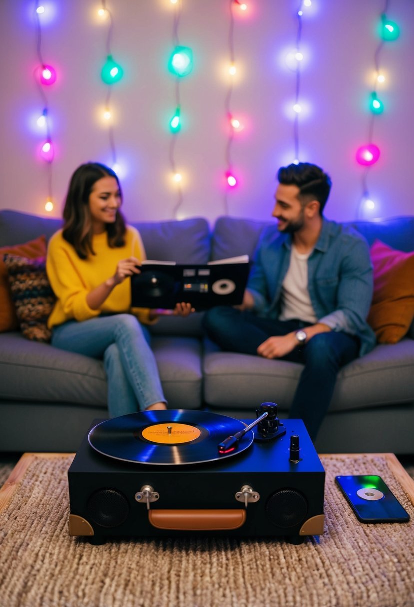 A cozy living room with a record player, colorful disco lights, and a playlist of the couple's favorite songs