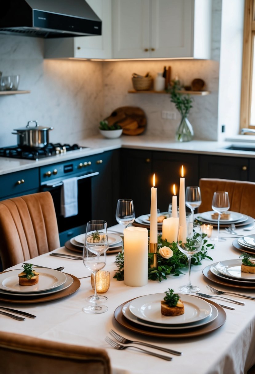 A beautifully set dining table with elegant place settings, a candlelit centerpiece, and a gourmet meal being prepared in a modern, well-equipped kitchen