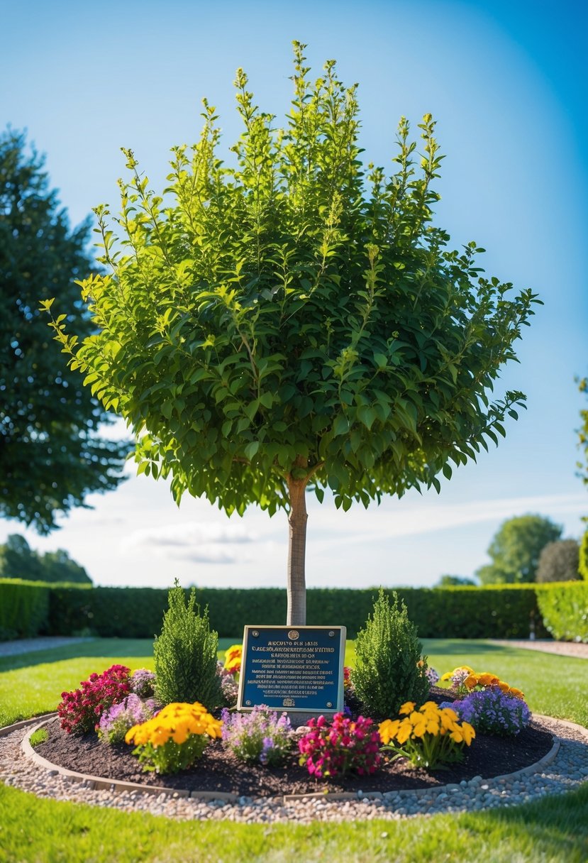 A serene garden with a newly planted tree, surrounded by colorful flowers and a commemorative plaque, under a clear blue sky