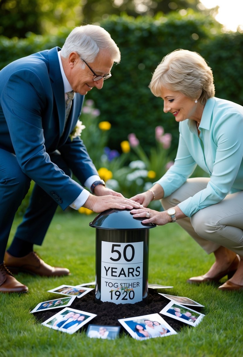 A couple burying a time capsule in a garden, surrounded by family photos and memorabilia from their 50 years together