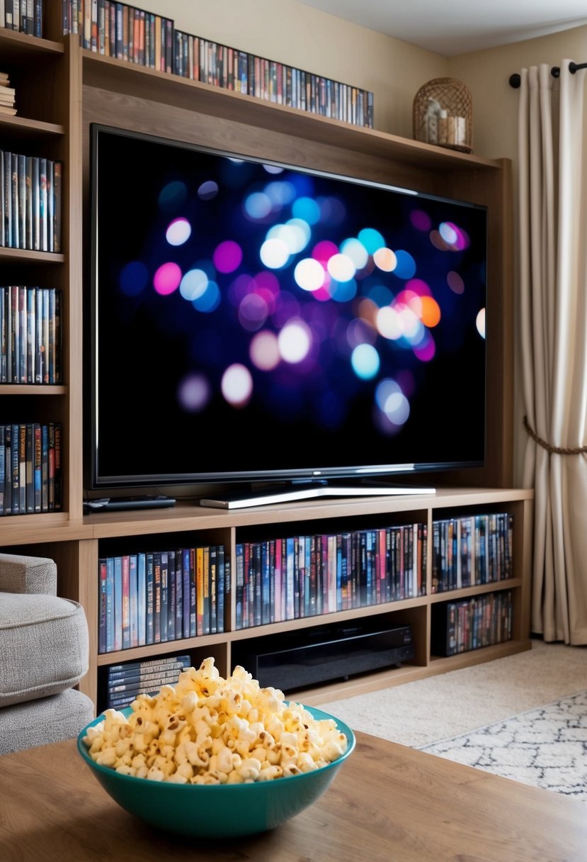 A cozy living room with a large screen TV, surrounded by shelves of classic movie DVDs and a bowl of popcorn on the coffee table