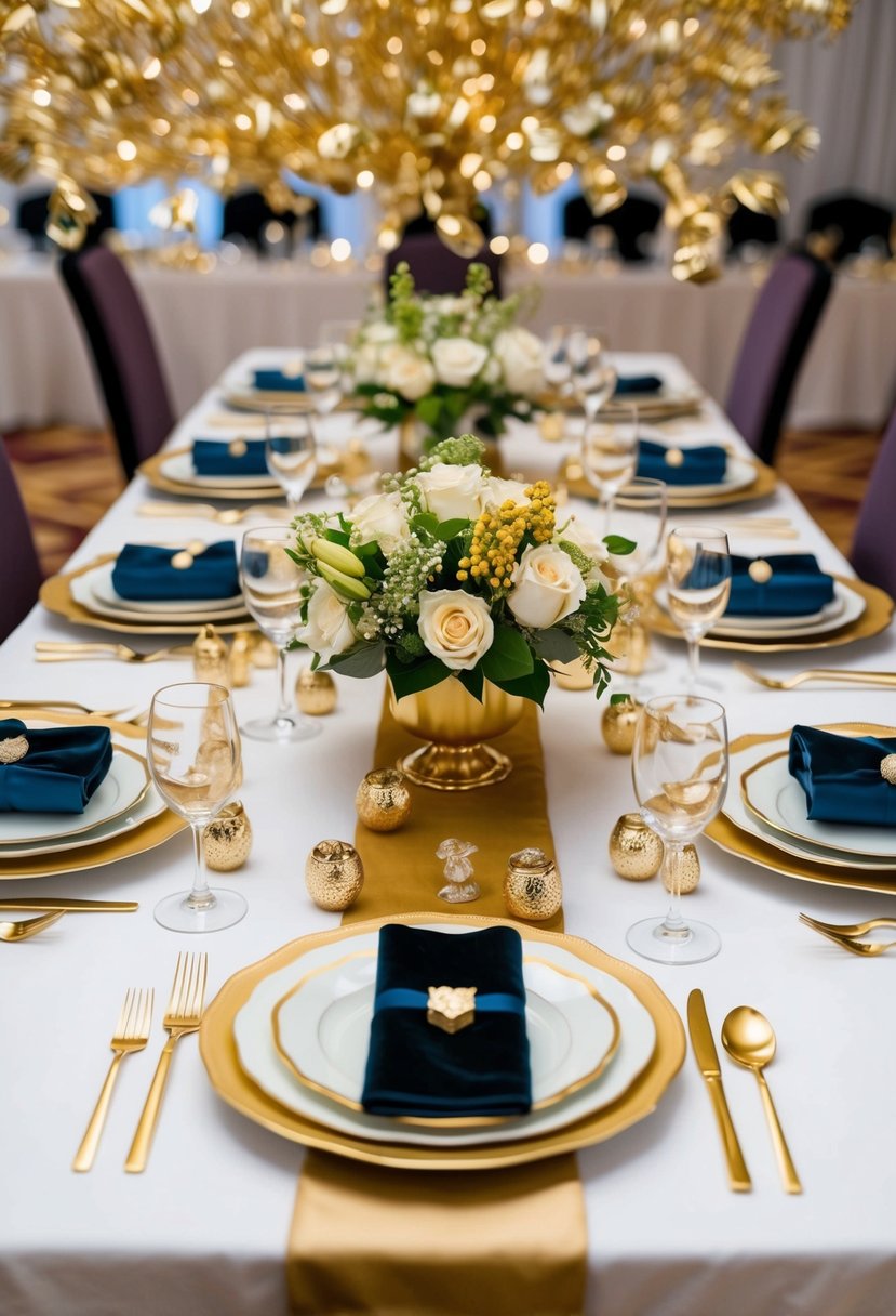 A table set with elegant dinnerware, surrounded by golden anniversary decorations and a bouquet of fresh flowers