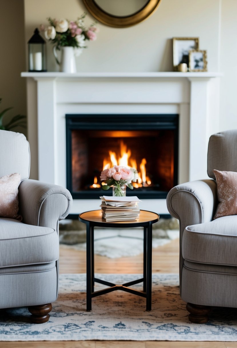 A cozy living room with two armchairs facing each other, a fireplace crackling in the background, and a small table adorned with flowers and a stack of love letters