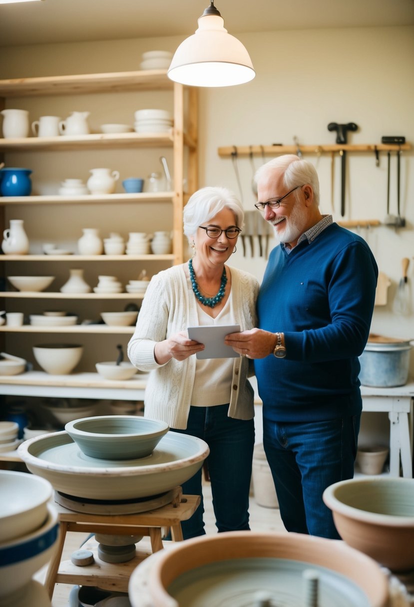 A cozy pottery studio with spinning wheels, shelves of clay, and a variety of tools. A couple, celebrating their 47th anniversary, eagerly signing up for a class