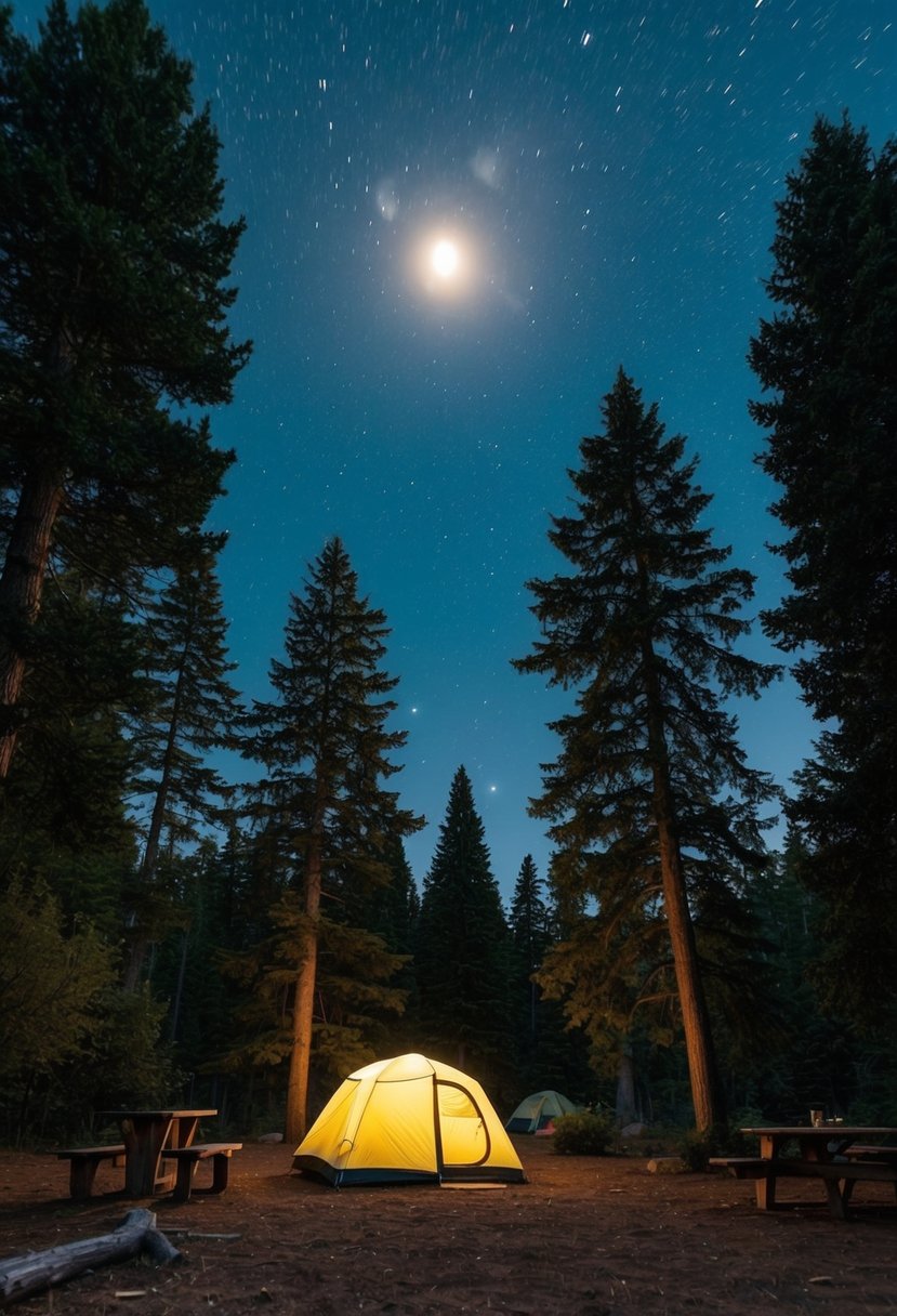 A cozy campsite nestled in a clearing, surrounded by towering trees. A clear night sky filled with twinkling stars and a glowing full moon overhead