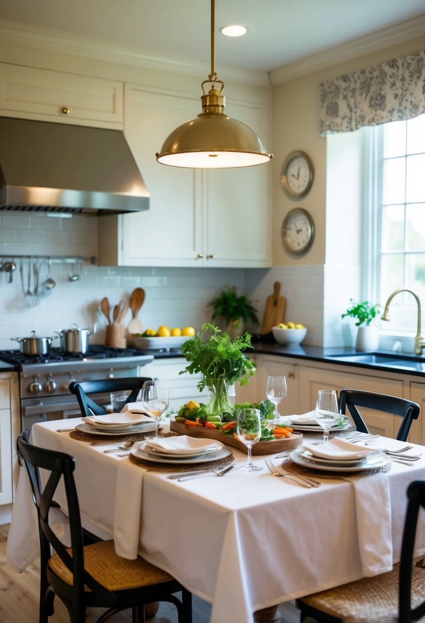 A cozy kitchen with a chef's table set for two, adorned with elegant dinnerware and fresh ingredients for a special anniversary meal