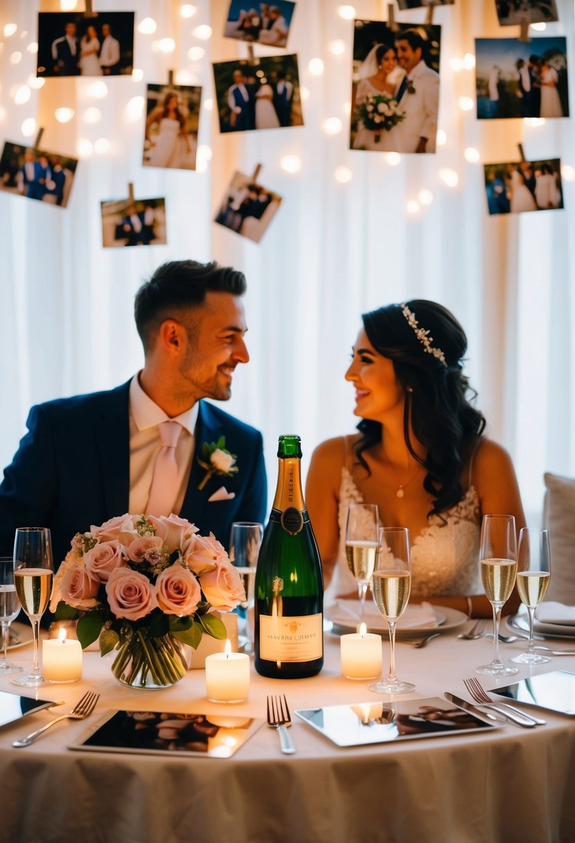 A couple sitting at a candlelit dinner table with a bouquet of roses and a bottle of champagne, surrounded by photos from their wedding day