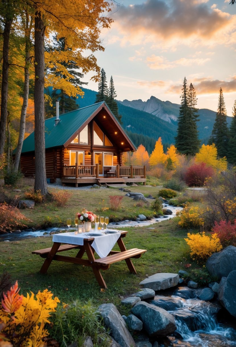 A cozy cabin nestled in a forest clearing, surrounded by colorful autumn foliage and a bubbling stream. A picnic table set with flowers and champagne, with a view of the sunset over the mountains