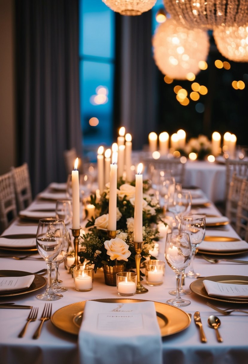 A candlelit dinner table with elegant place settings, surrounded by soft lighting and romantic decor