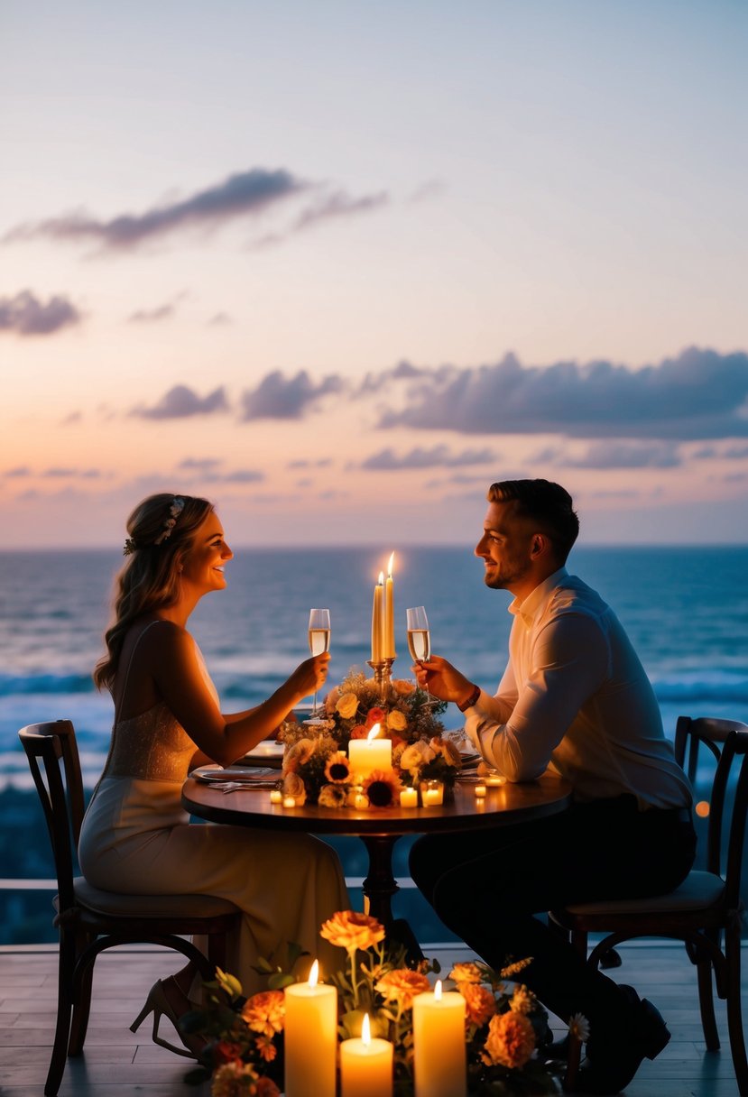 A couple sitting at a candlelit table, surrounded by flowers and champagne, with a view of a sunset over the ocean