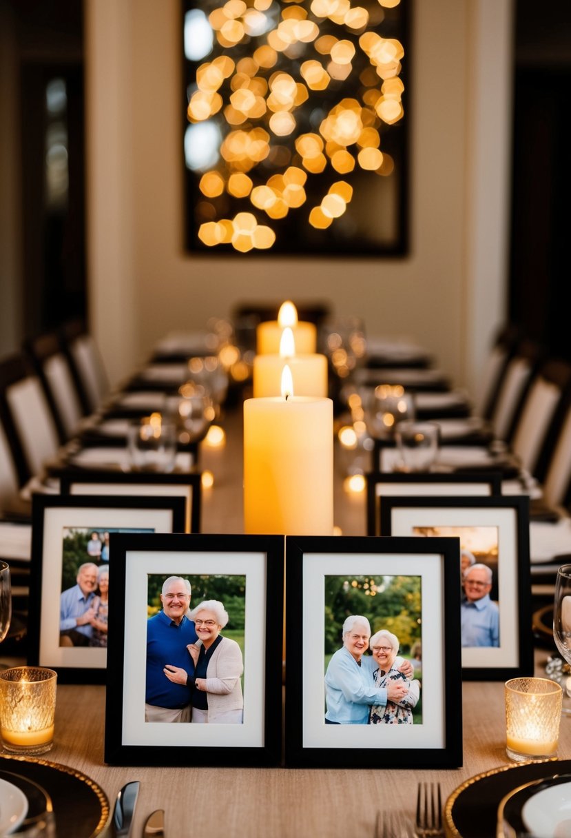 A table set with a candlelit dinner, surrounded by framed photos of cherished memories from over five decades together