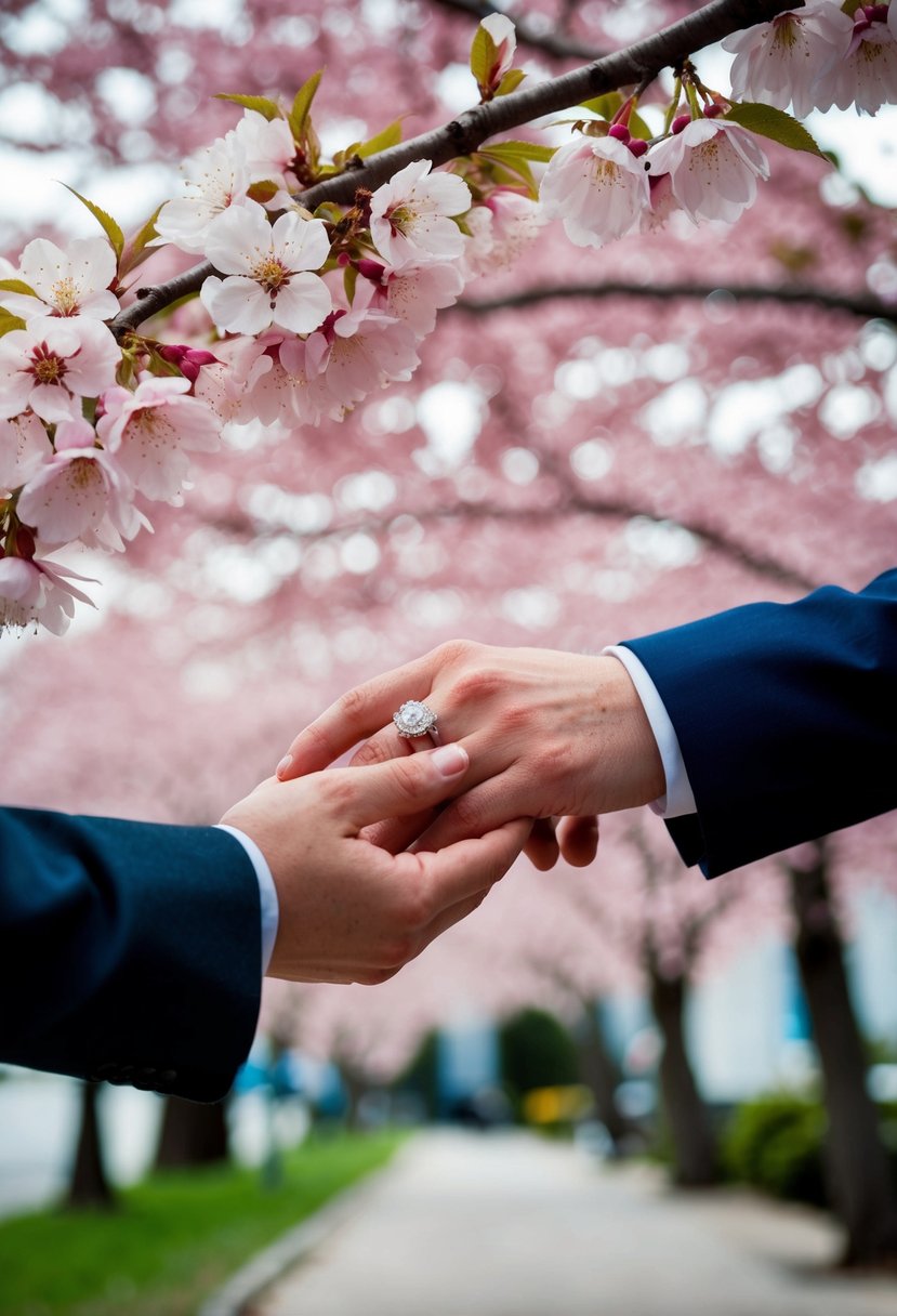 A couple's hands exchanging rings under a blooming cherry blossom tree