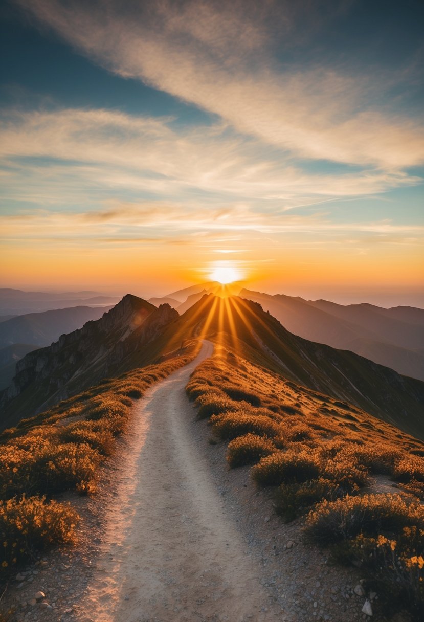 A winding trail leads to a mountaintop. The sky is painted in warm hues as the sun rises over the horizon, casting a golden glow on the surrounding landscape