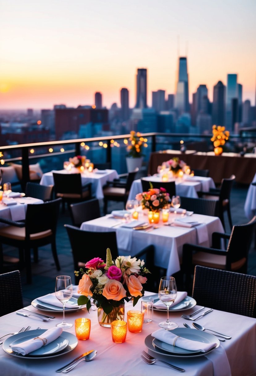 A rooftop restaurant at sunset, with candlelit tables and a view of the city skyline. Tables are adorned with flowers and elegant place settings