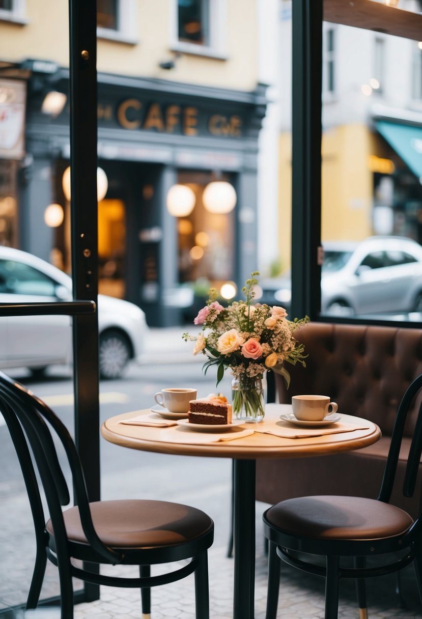 A cozy cafe with two empty chairs, a vase of flowers, and a table set with two cups and a slice of cake