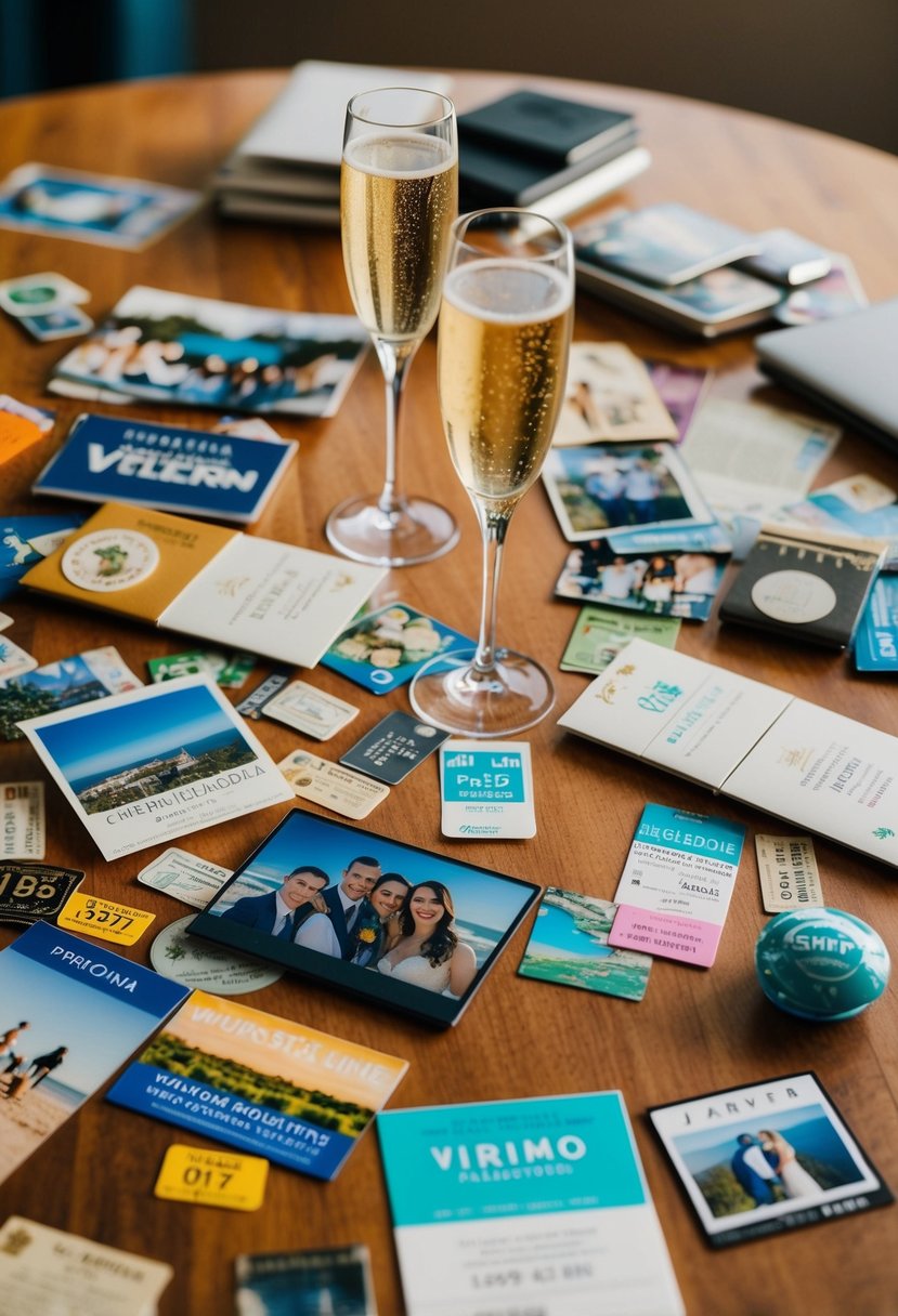 A table scattered with photos, tickets, and souvenirs from trips and special occasions. A pair of champagne flutes and a wedding photo in the center