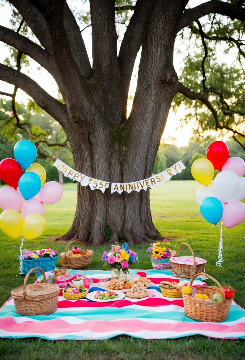 A colorful picnic blanket spread under a large oak tree, surrounded by baskets of food, flowers, and balloons. A banner reads "Happy 51st Anniversary!"