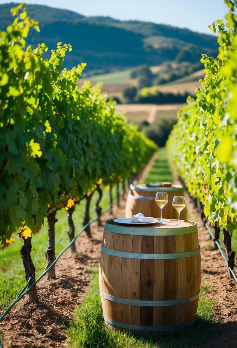 Lush vineyard with rows of grapevines, a rustic wooden tasting table, and a scenic view of rolling hills in the background