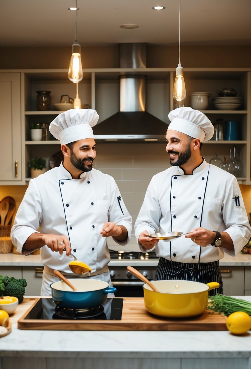 A cozy kitchen with two sets of ingredients and utensils, a chef demonstrating a recipe, and a happy atmosphere of teamwork and celebration