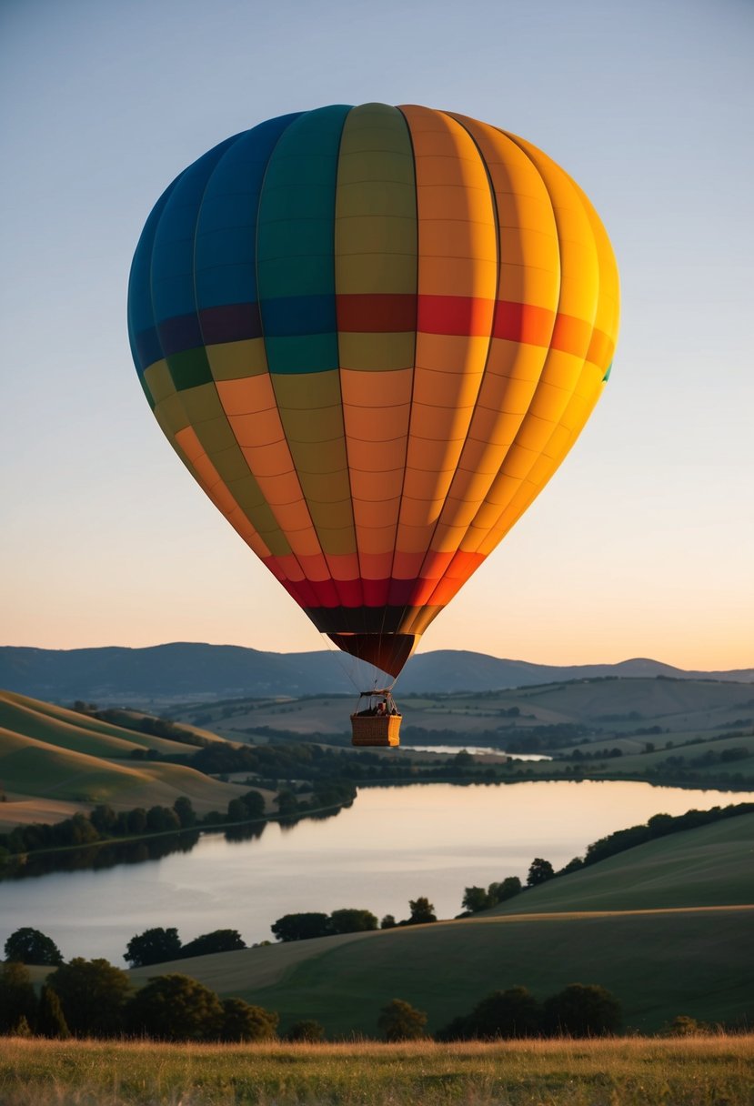 A colorful hot air balloon floats above rolling hills and a serene lake at sunset