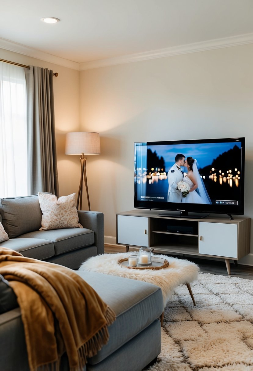 A living room with soft lighting, a warm blanket, and a TV screen showing a wedding video