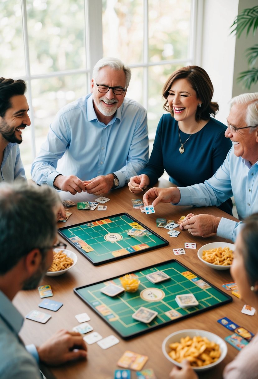 A table is set with board games, cards, and snacks. Couples laugh and compete in friendly games, celebrating 51 years of marriage