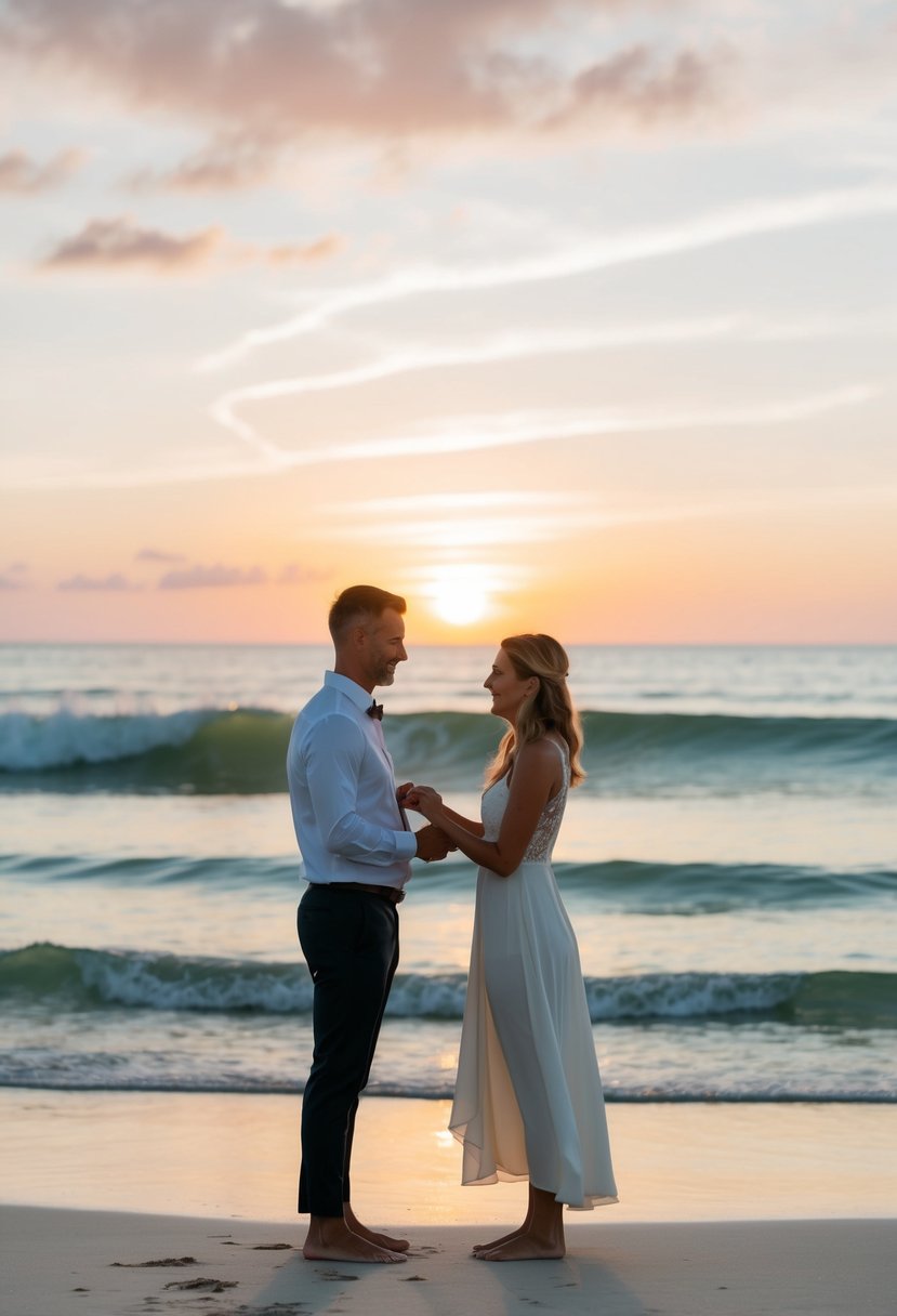 A couple stands barefoot on a pristine, secluded beach, surrounded by gentle waves and a colorful sunset, exchanging vows