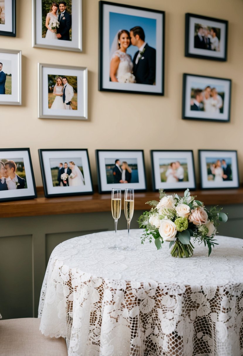 A table set with a lace tablecloth, a bouquet of flowers, and a pair of champagne glasses, surrounded by framed photos of the couple throughout the years