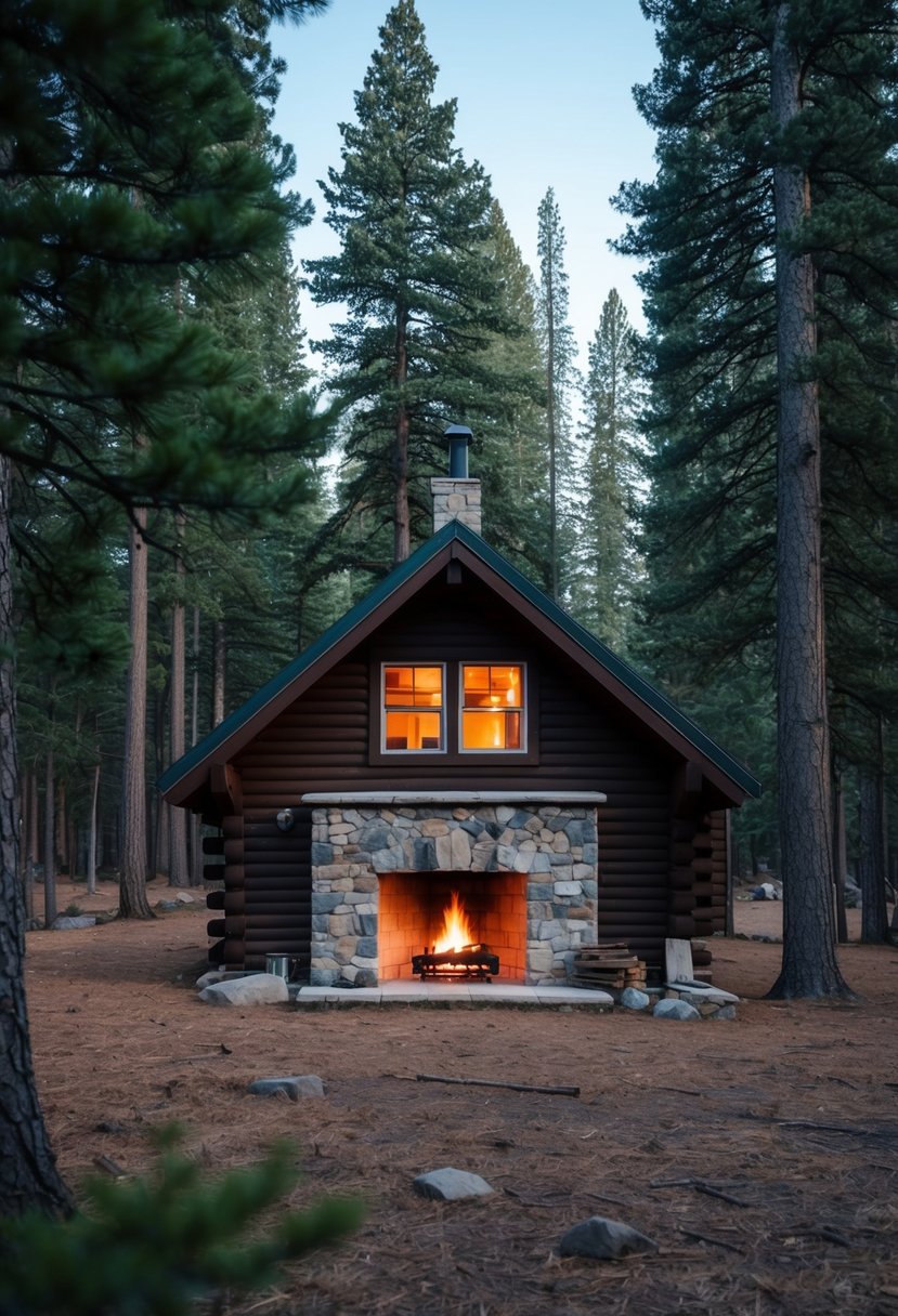 A cozy cabin nestled in a forest clearing, surrounded by tall pine trees, with a warm fire burning in the stone fireplace