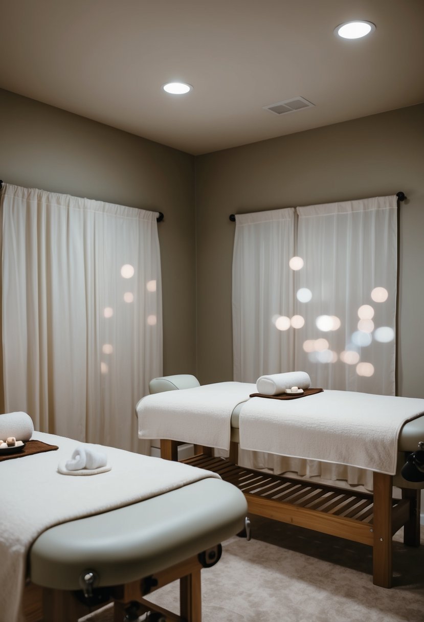 A serene spa room with two massage tables, soft lighting, and calming decor