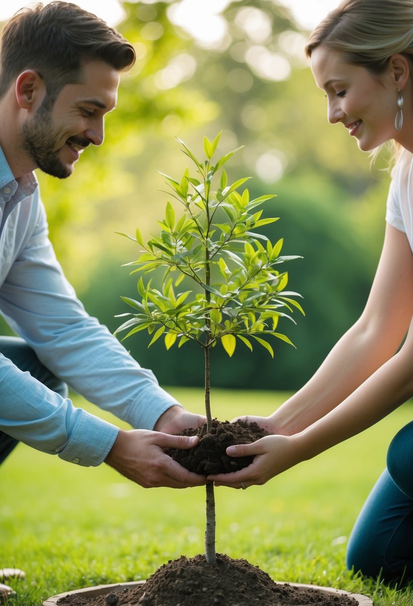 A couple plants a tree, symbolizing their enduring love