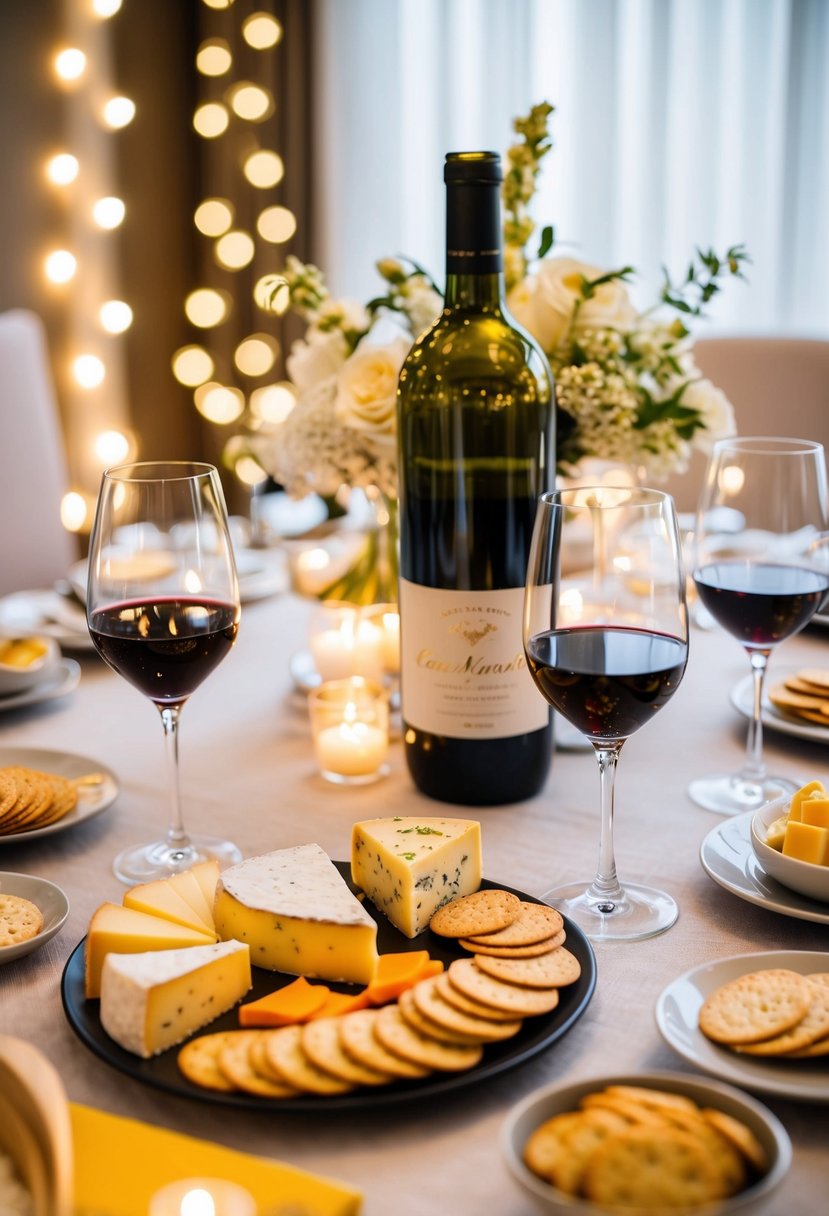 A table set with a variety of cheeses, crackers, and glasses of wine, surrounded by elegant decor and soft lighting for a 51st wedding anniversary celebration