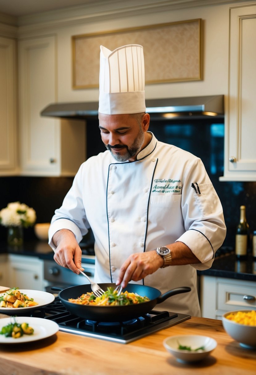 A chef prepares a gourmet meal in a cozy home kitchen for a 53rd wedding anniversary celebration