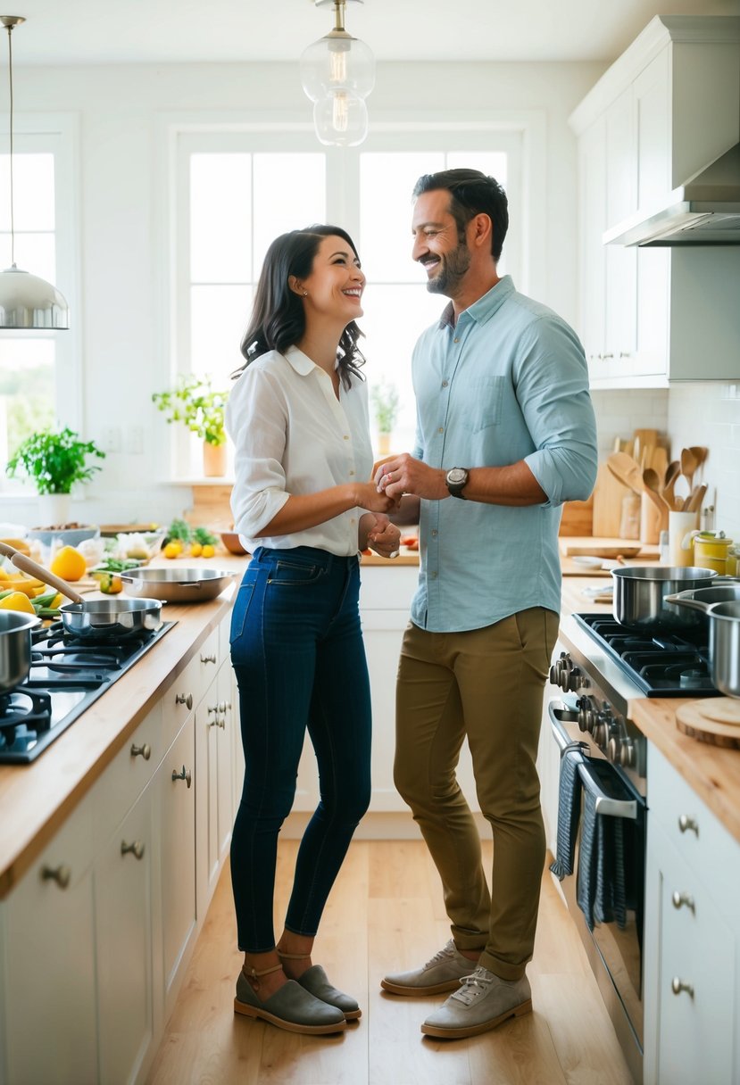 A couple standing side by side in a brightly lit kitchen, surrounded by pots, pans, and various cooking ingredients. They are both engaged in the cooking process, smiling and laughing as they work together