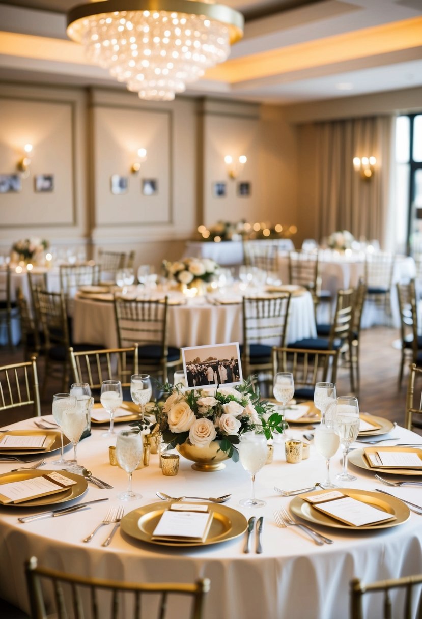 A beautifully decorated venue with elegant table settings, floral centerpieces, and a "Golden Years" theme, complete with gold accents and vintage photos