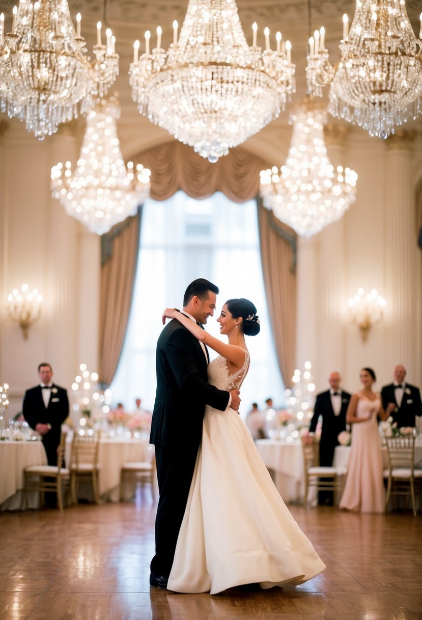 A couple gracefully dances in a grand ballroom, surrounded by sparkling chandeliers and elegant décor