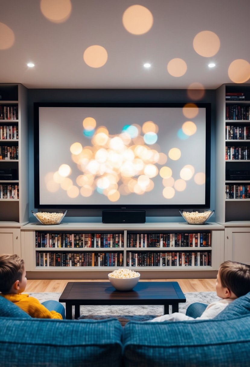 A cozy living room with a large screen and comfortable seating, surrounded by shelves of classic movies and a bowl of popcorn