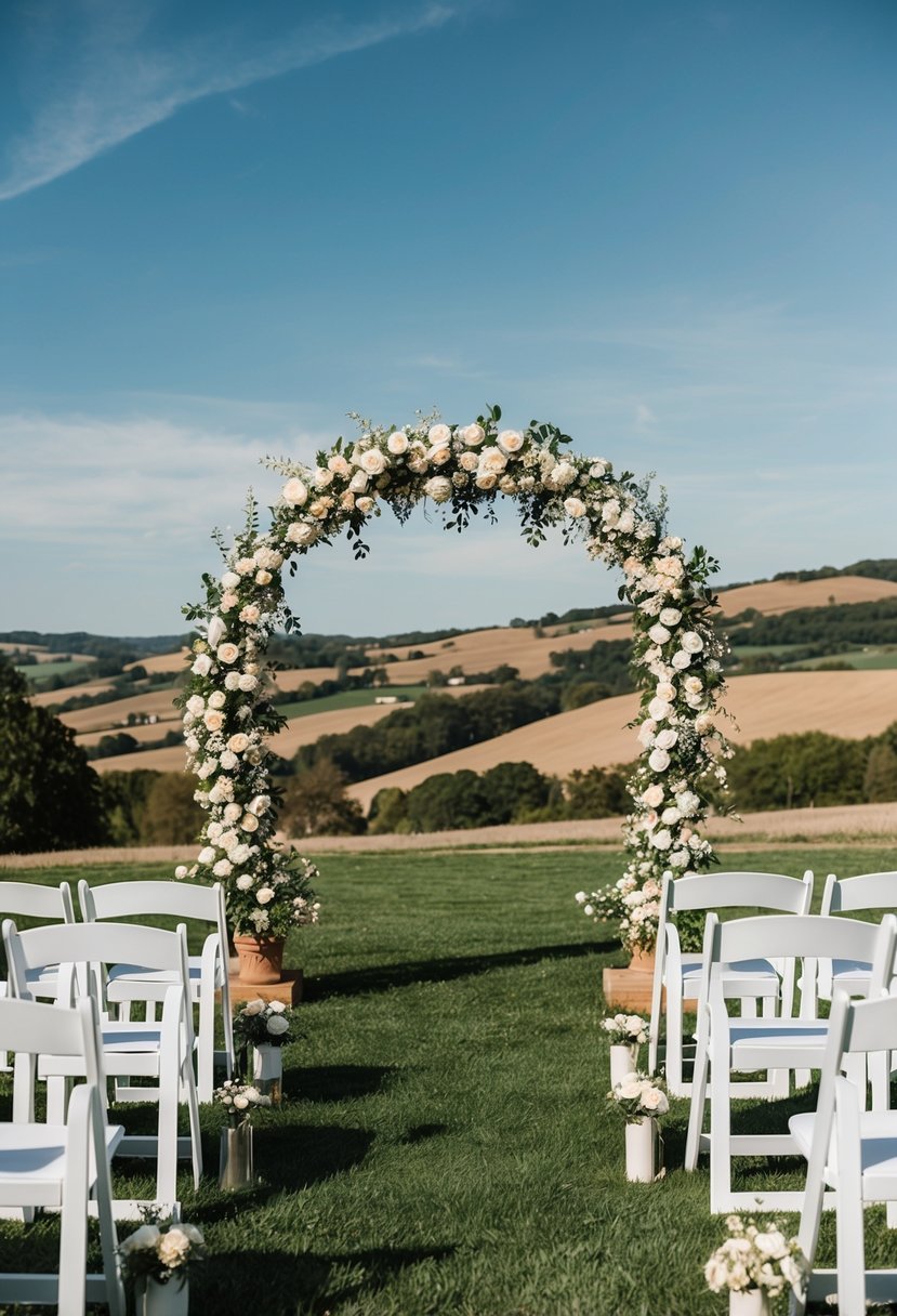 A beautiful outdoor wedding ceremony with a floral arch, white chairs, and a picturesque view of rolling hills and a clear blue sky