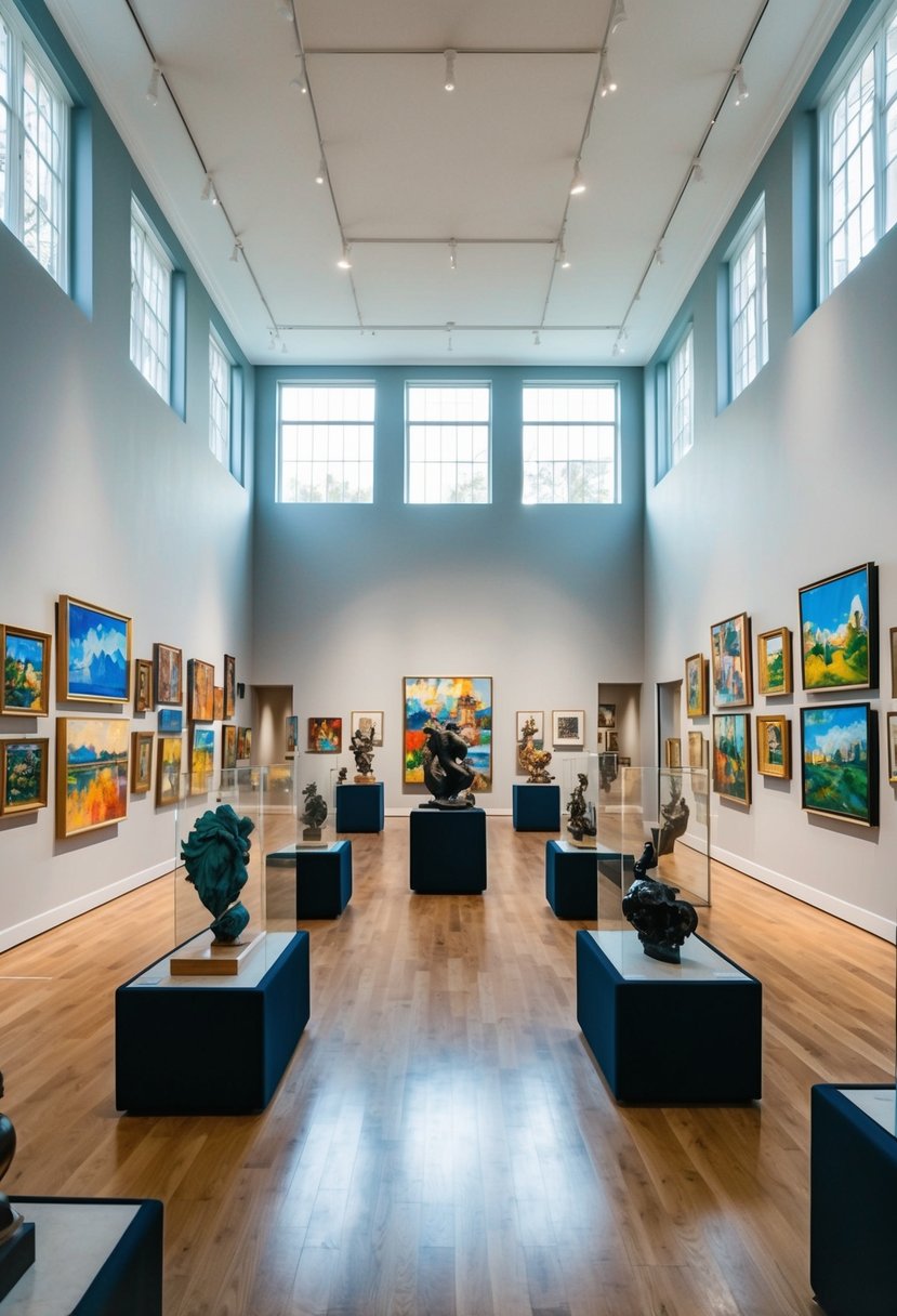 A spacious art gallery filled with colorful paintings and sculptures, bathed in natural light streaming through large windows