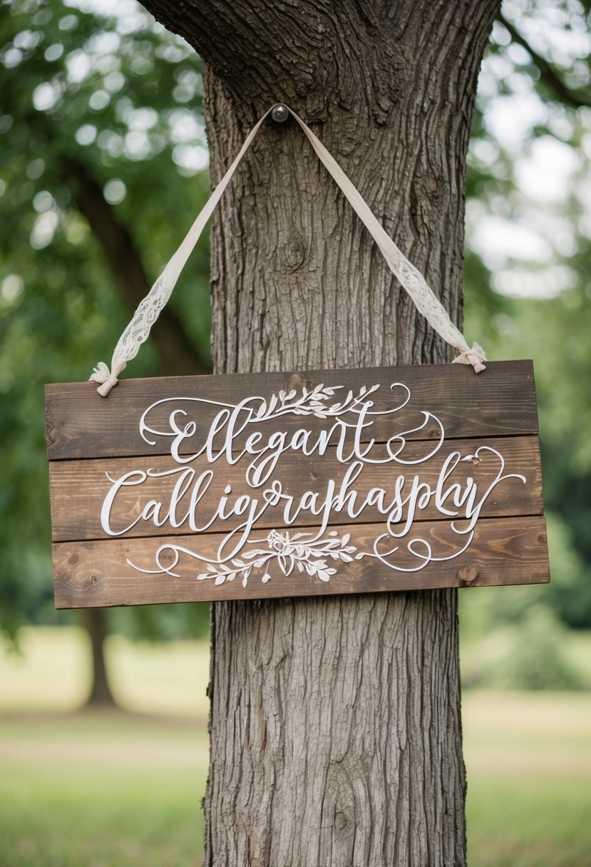 A weathered wooden sign hangs from a tree, adorned with elegant calligraphy for a rustic wedding poster