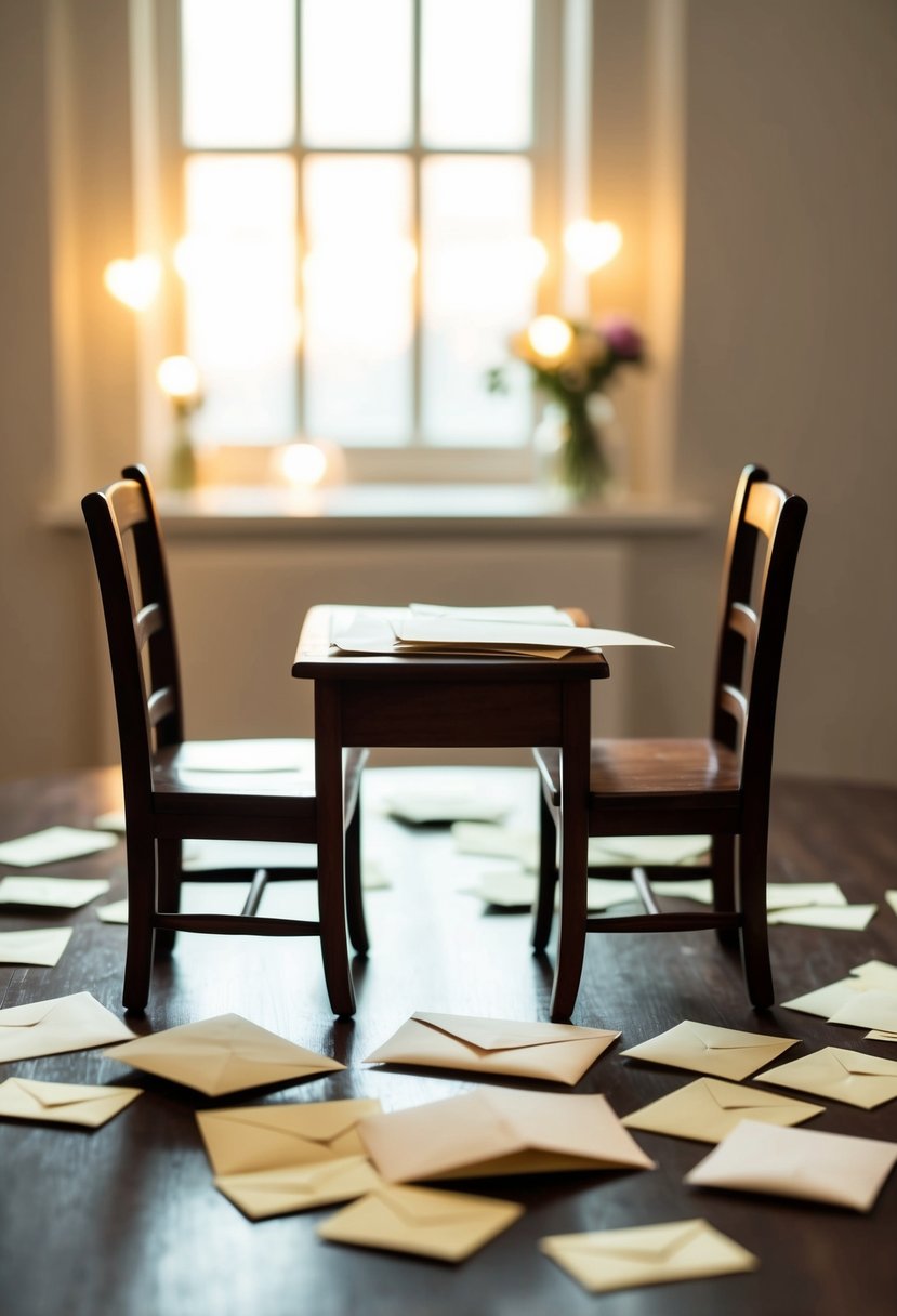 A small wooden desk with two chairs facing each other, surrounded by scattered love letters and envelopes. A soft glow from a nearby window illuminates the scene