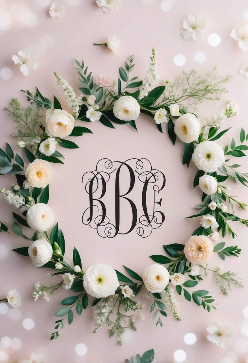 An elegant floral monogram surrounded by delicate blooms and foliage, set against a soft, pastel background