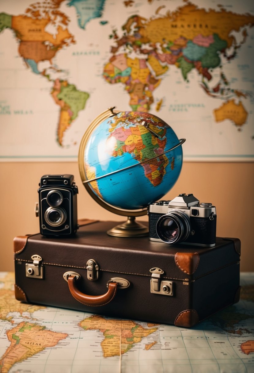 A vintage suitcase, globe, and old-fashioned camera on a map backdrop